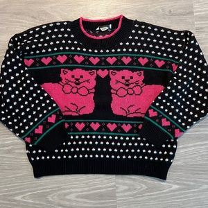 Vintage Jane Adams Sweater with Cats and Hearts, Size Medium